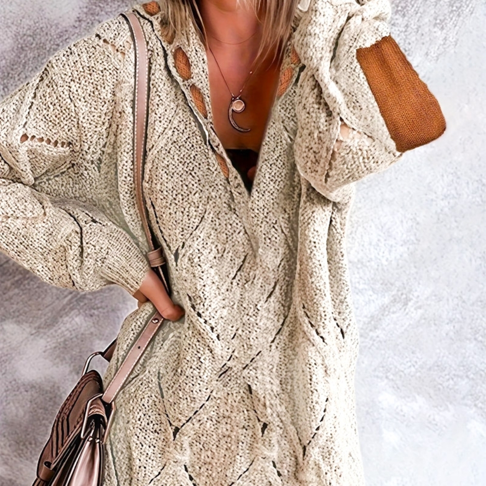 Hello Kuri Cream V-Neck Cable Knit Sweater Dress Women's Size XL